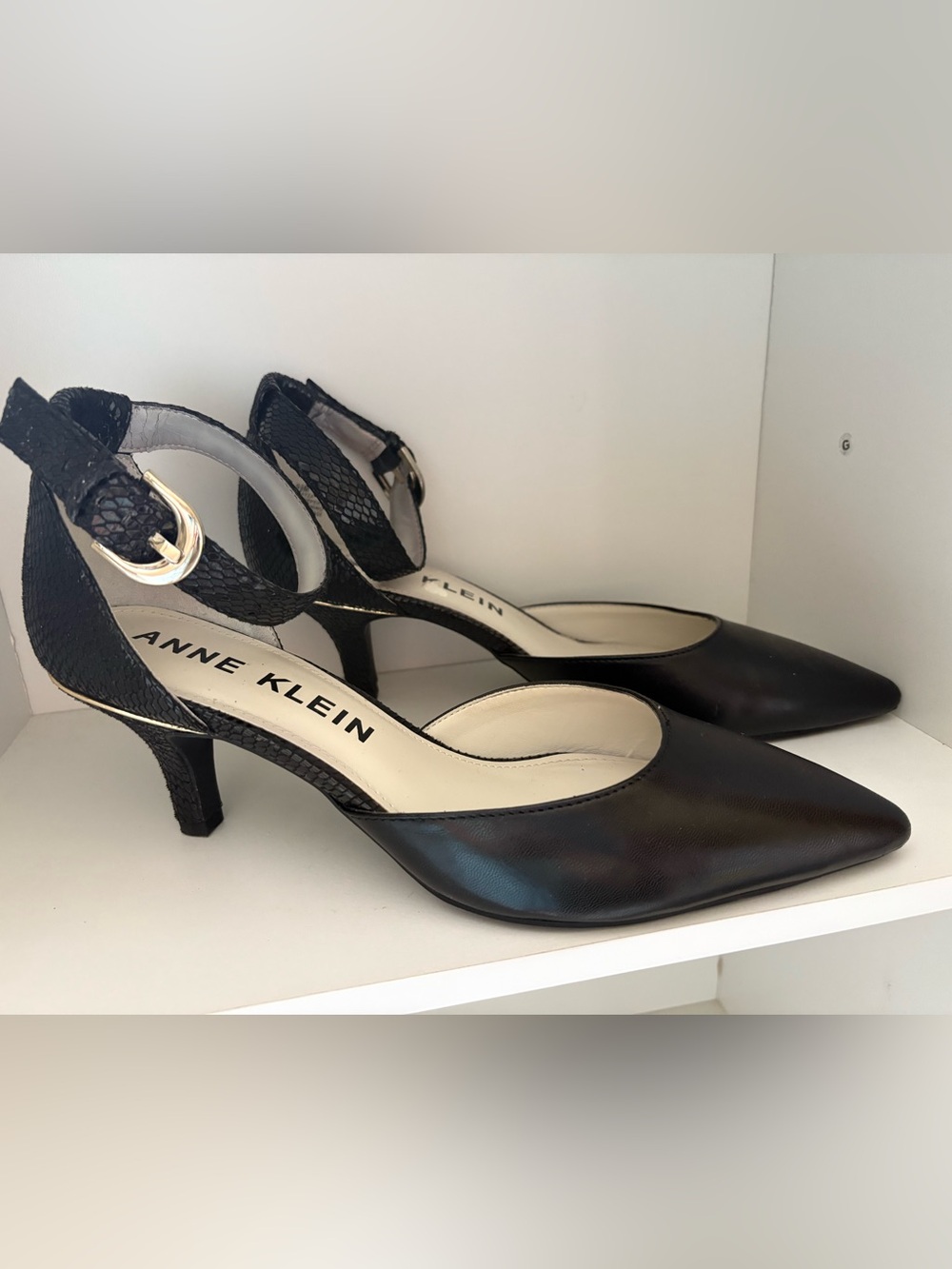 Anne Klein Black Pointed Slingback Kitten Heel with Textured Strap